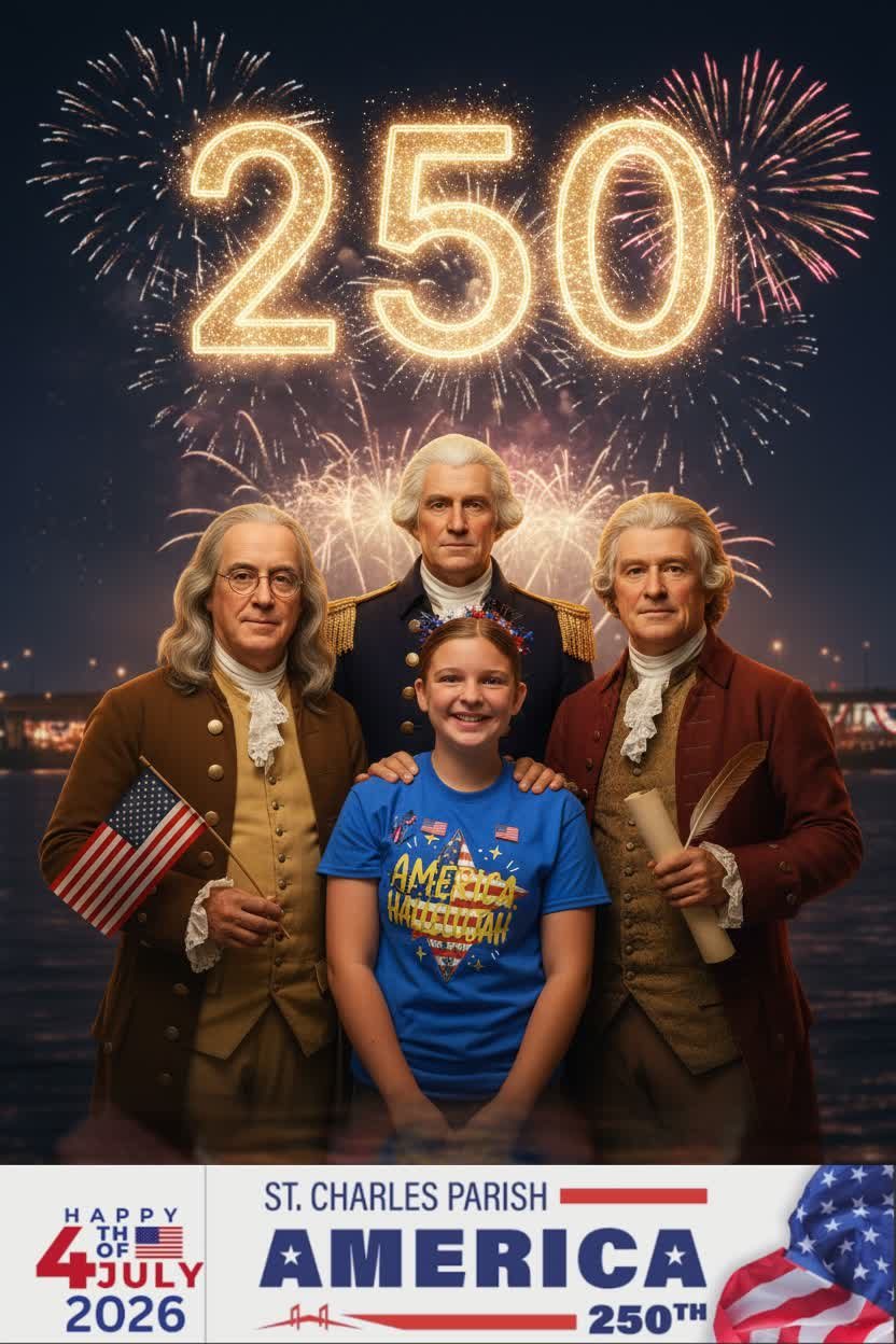 America 250 AI photo transformation — family with the Founding Fathers under 250 fireworks, MirrorPIX New Orleans