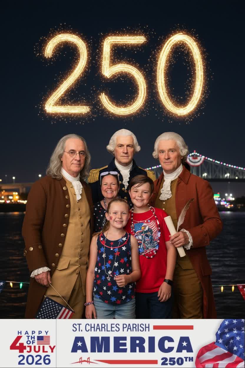 America 250 AI photo booth — young guest with George Washington, Ben Franklin, and Thomas Jefferson at a St. Charles Parish event