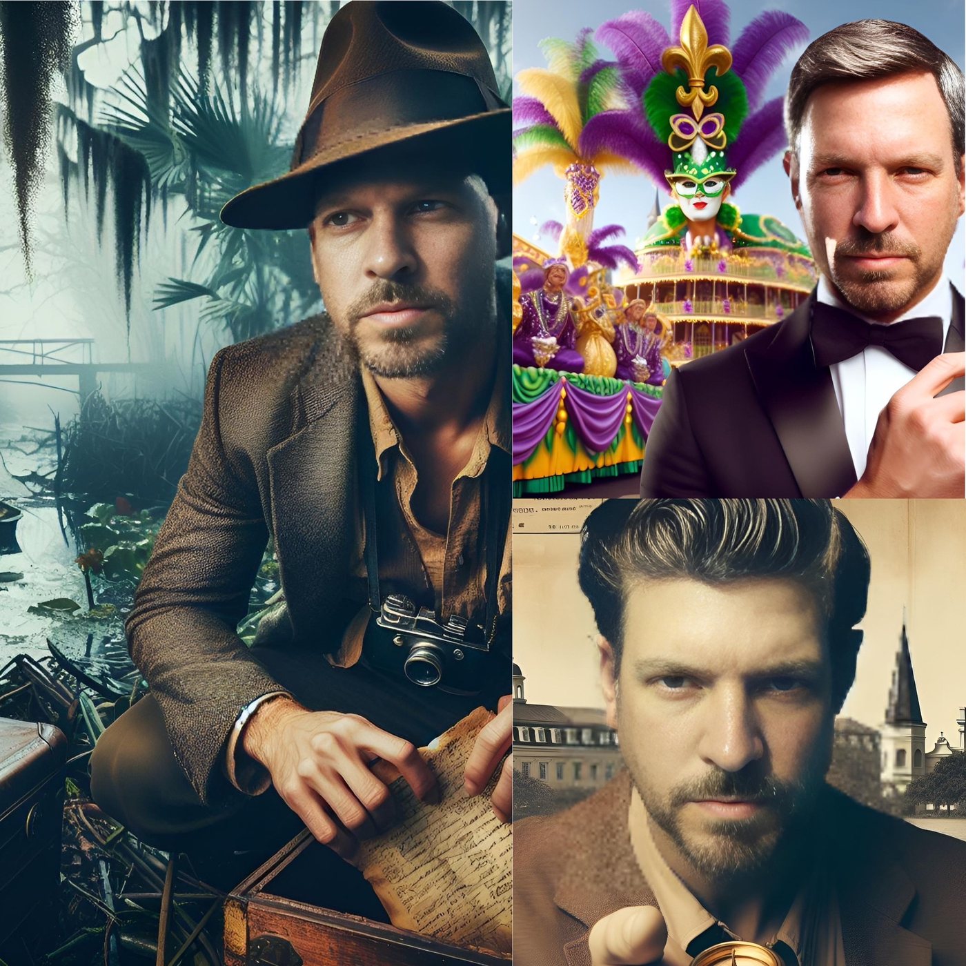 AI photo booth style collage — Louisiana swamp explorer and Mardi Gras portraits by MirrorPIX New Orleans