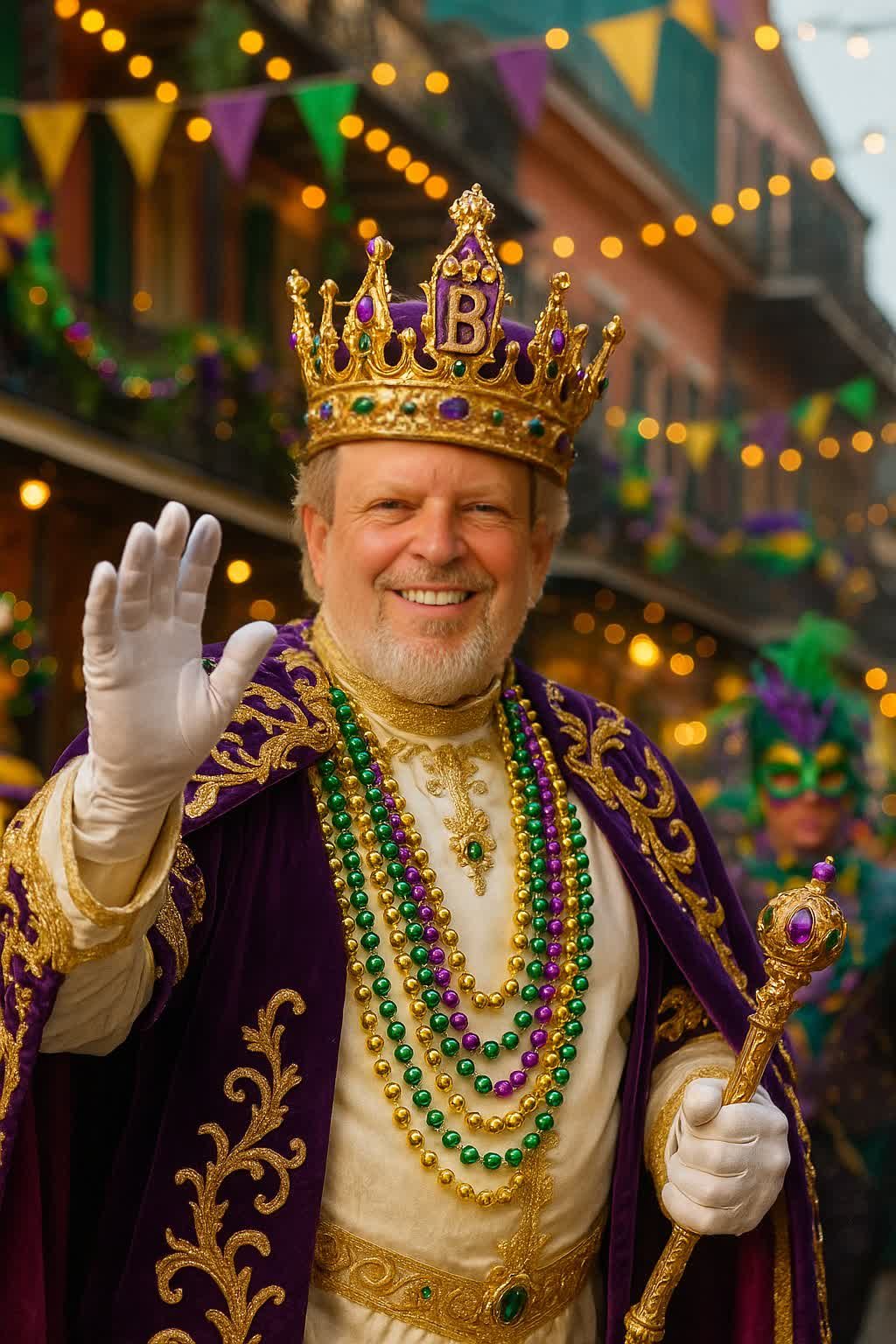 AI photo booth transformation — guest as a Mardi Gras king in the French Quarter, MirrorPIX New Orleans