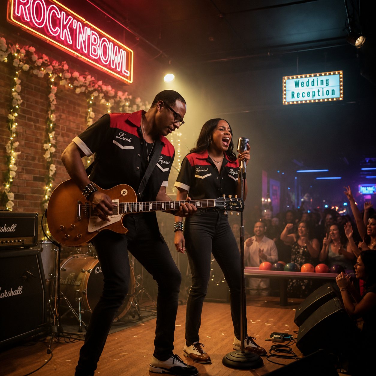 AI wedding photo booth transformation — Collin & Camryn as Rock 'n' Bowl rock stars, MirrorPIX New Orleans