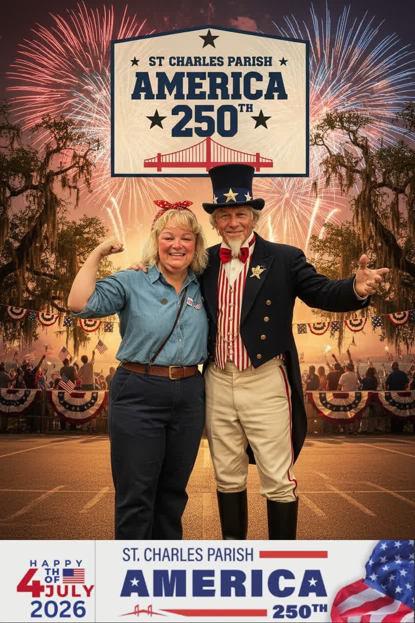 America 250 AI photo booth — guest posing with Uncle Sam at a St. Charles Parish celebration